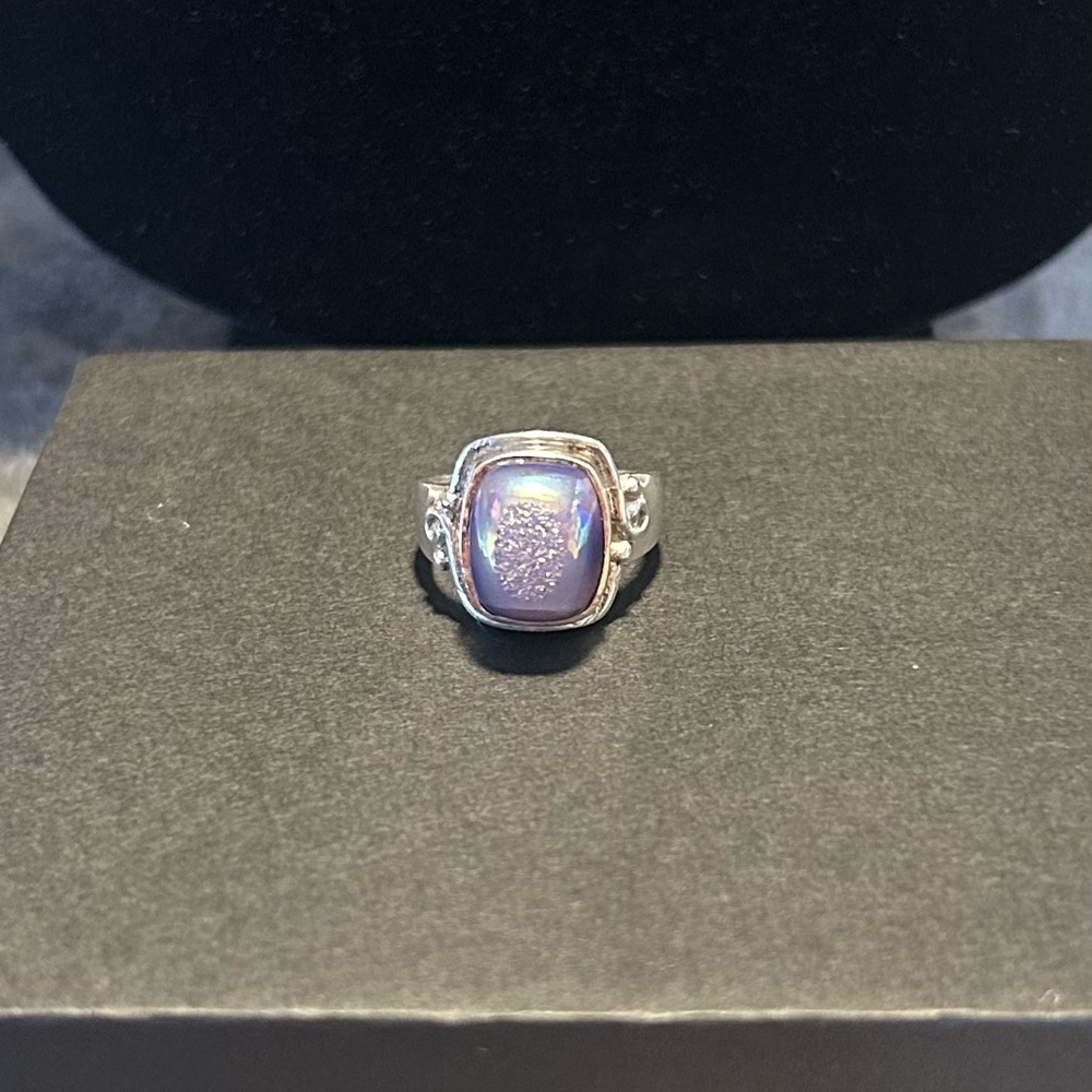 Purple and Silver Sajen Ring with Iridescent Druzy Stone Size 6.5-7